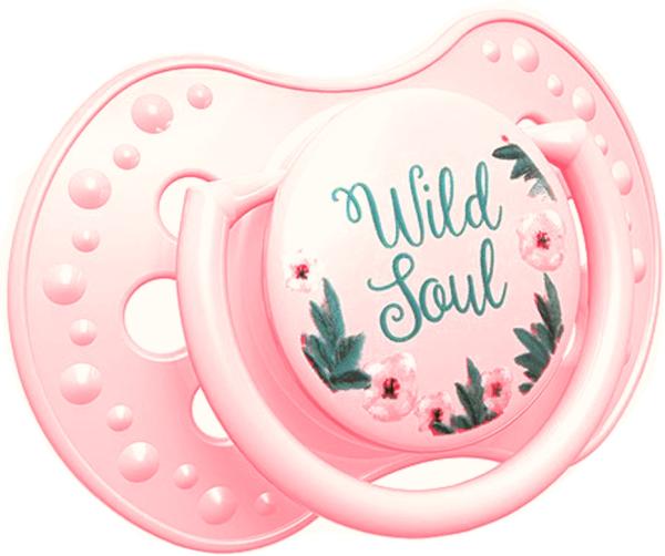 Schnuller für die ganz kleinen rosa mit Motiv Blumen und Schriftzug Wild soul